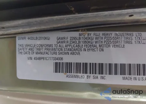 2007 Subaru Outback 2.5I from USA, damaged, VIN 4S4BP61C777334006